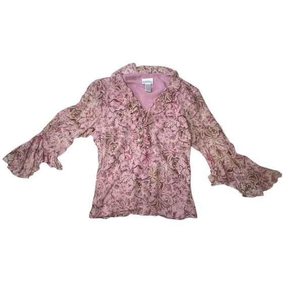 Y2K Silk Pink Floral Ruffled Blouse Size XL beaded Babydoll Fairy cottage LS - Picture 1 of 7